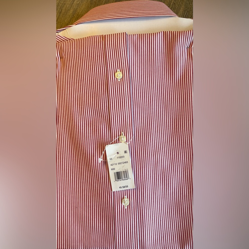 NWT B by BROOKS BROTHERS MENS RED STRIPED NO IRON LS DRESS SHIRT SIZE 15 X 32/33 - Picture 3 of 4
